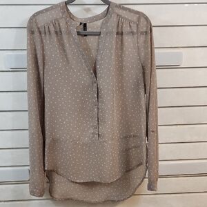 EUC Maurices Taupe Polka Dot Sheer Long Sleeve Blouse Medium